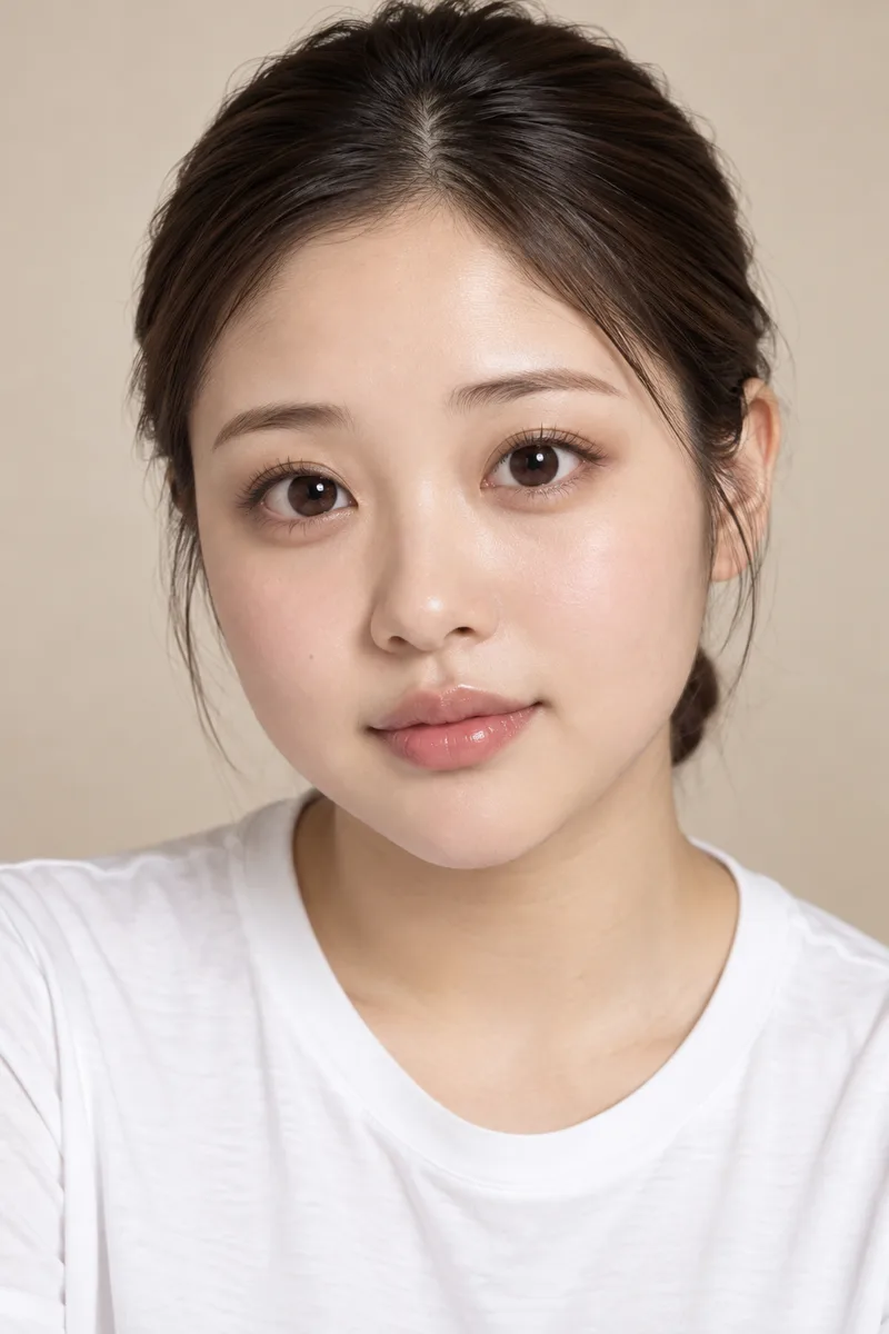 tanuki-like face, round soft face with full cheeks, big round droopy eyes with large dark irises, small round nose, gentle innocent lookで生成した例（2枚目）