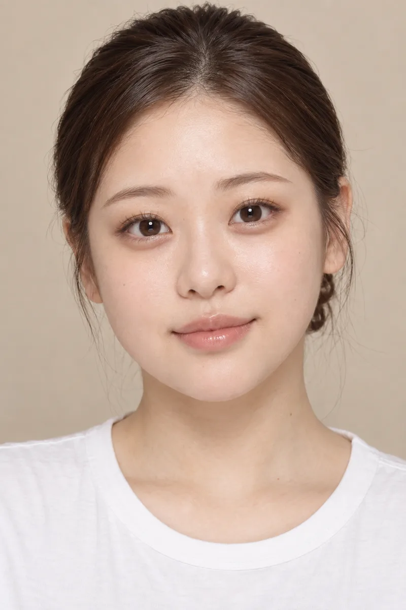 tanuki-like face, round soft face with full cheeks, big round droopy eyes with large dark irises, small round nose, gentle innocent lookで生成した例（3枚目）