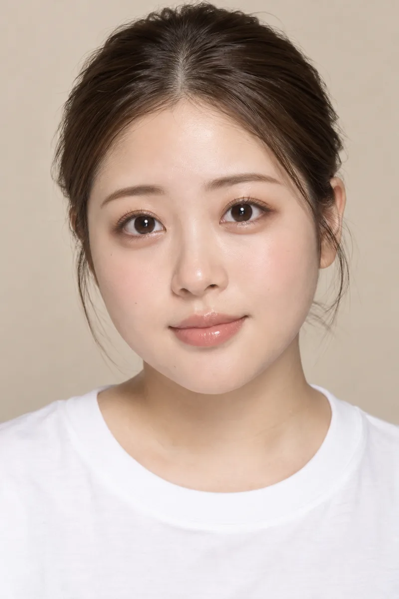 tanuki-like face, round soft face with full cheeks, big round droopy eyes with large dark irises, small round nose, gentle innocent lookで生成した例（4枚目）