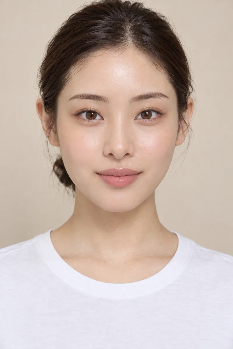 upturned eyes, the outer corners of the eyes clearly lifted higher than the inner corners, bare upper eyelids with no eyelinerで生成した例（1枚目）