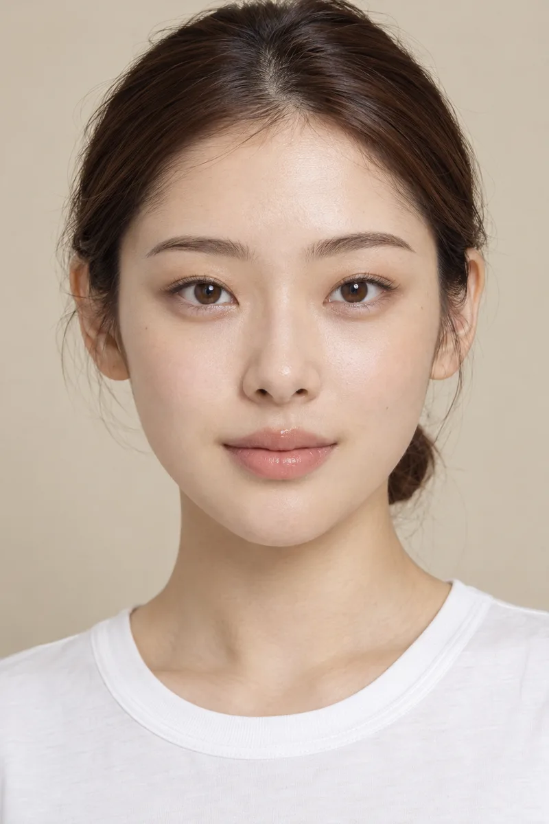 upturned eyes, the outer corners of the eyes clearly lifted higher than the inner corners, bare upper eyelids with no eyelinerで生成した例（2枚目）