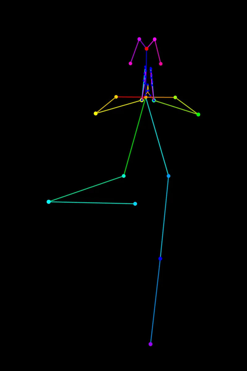 木のポーズ（足をももに乗せる）の見本の骨組み（OpenPose）
