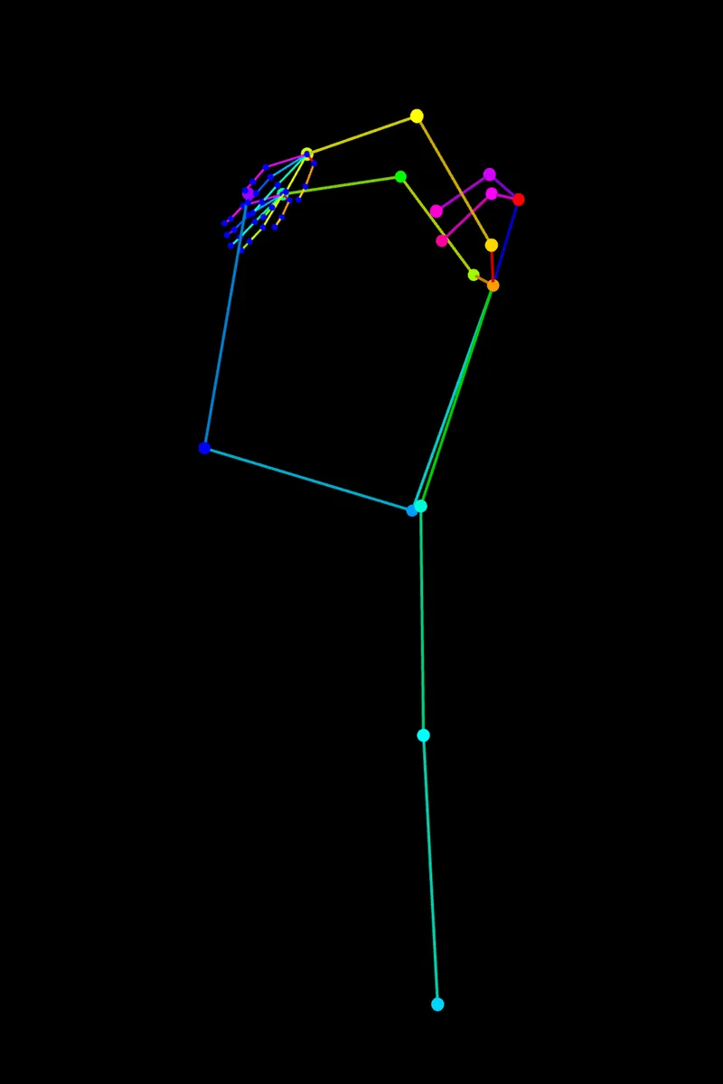 片足を頭の後ろまで上げるの見本の骨組み（OpenPose）