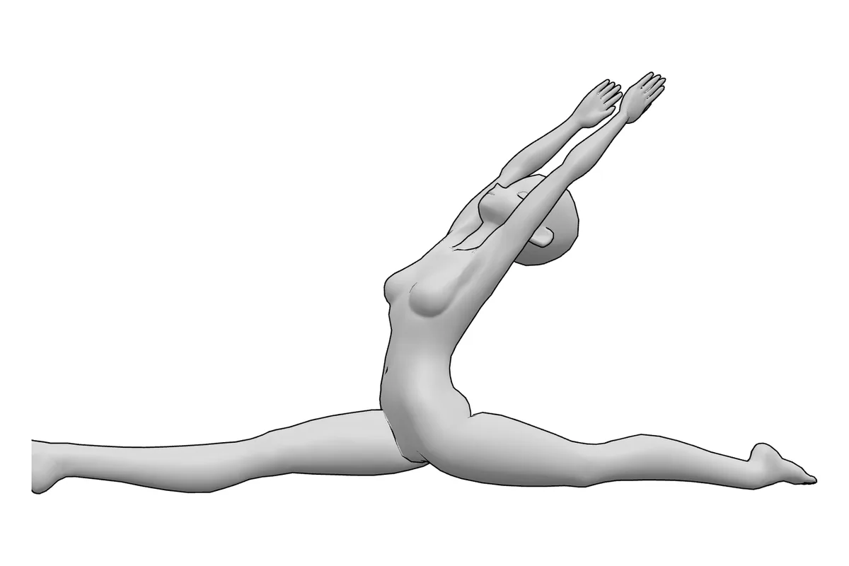 前後開脚で両腕を上げるの見本の人形（PoseMy.Art）