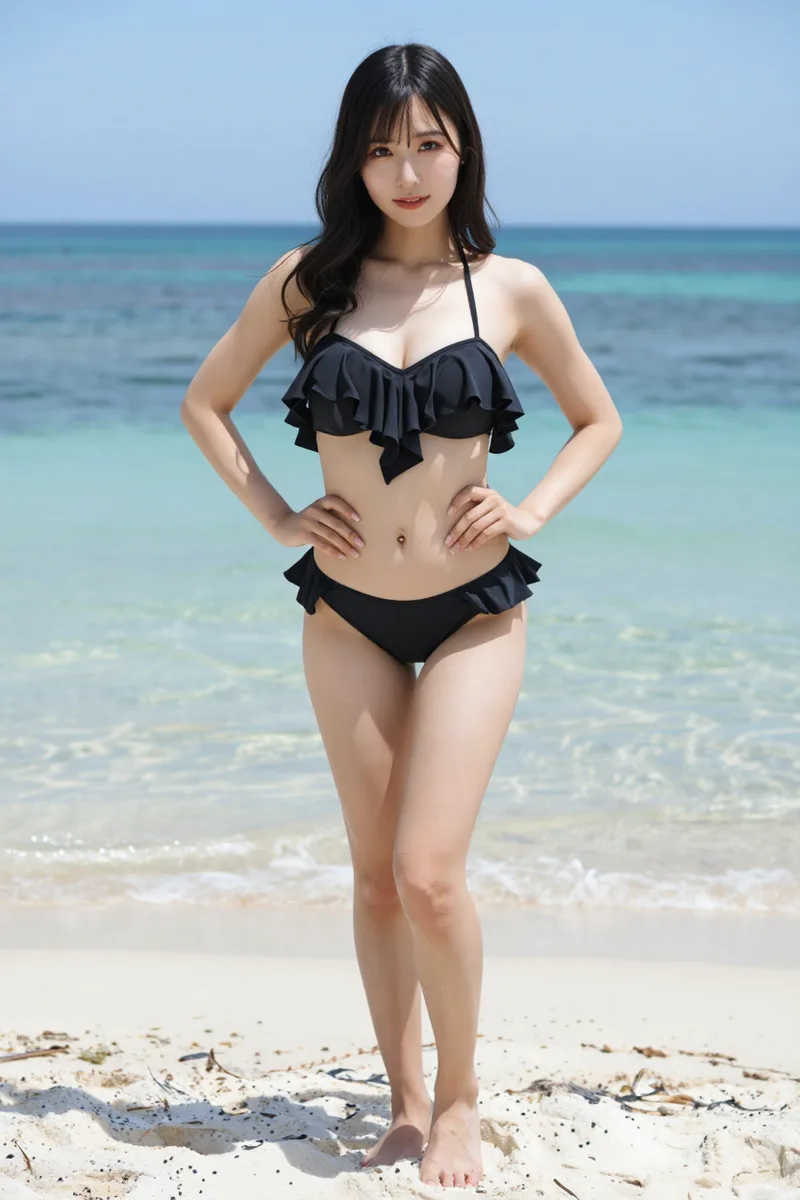 flounce bikini with a wide layered ruffle hanging over the bust and ruffled bikini bottomsで生成した例（4枚目）