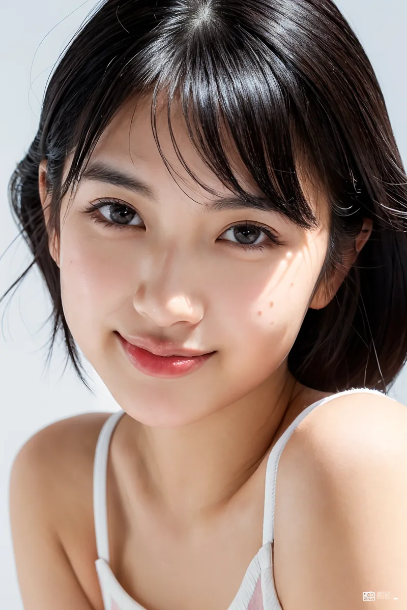 Beautiful Realistic Asians で日本人の女性を頼んだ1枚。前髪ありの黒髪で、くっきりした顔