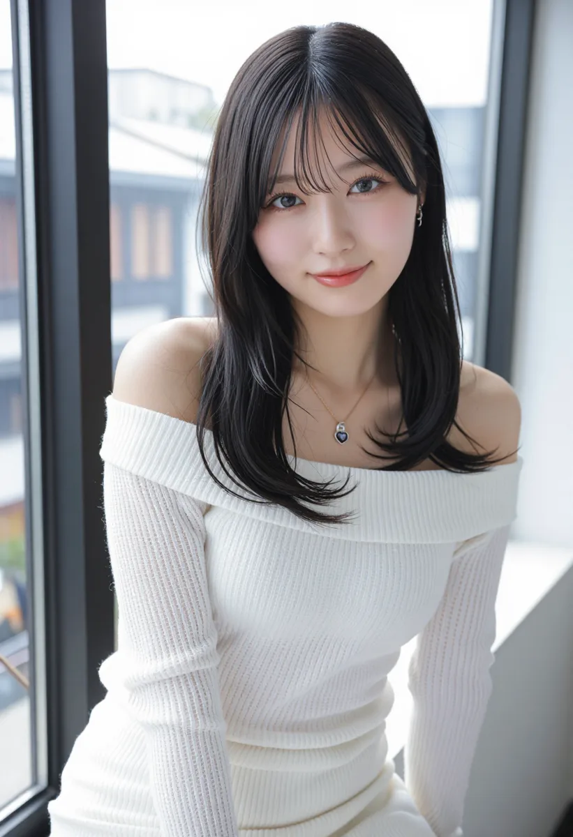 HARUKI_MIX で作った、前髪ありの黒髪で白いニットの女性（1枚目）