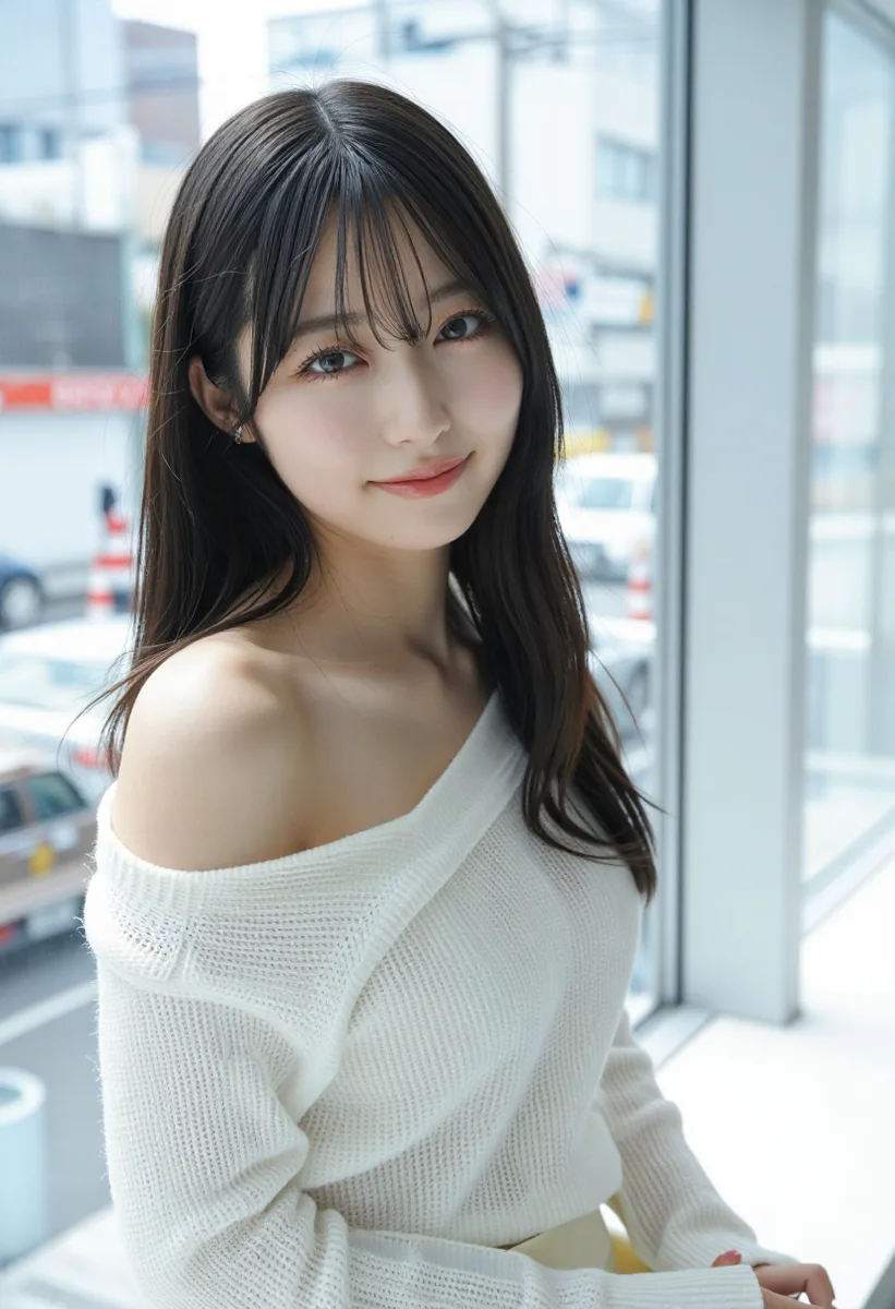 HARUKI_MIX で作った、前髪ありの黒髪で白いニットの女性（2枚目）