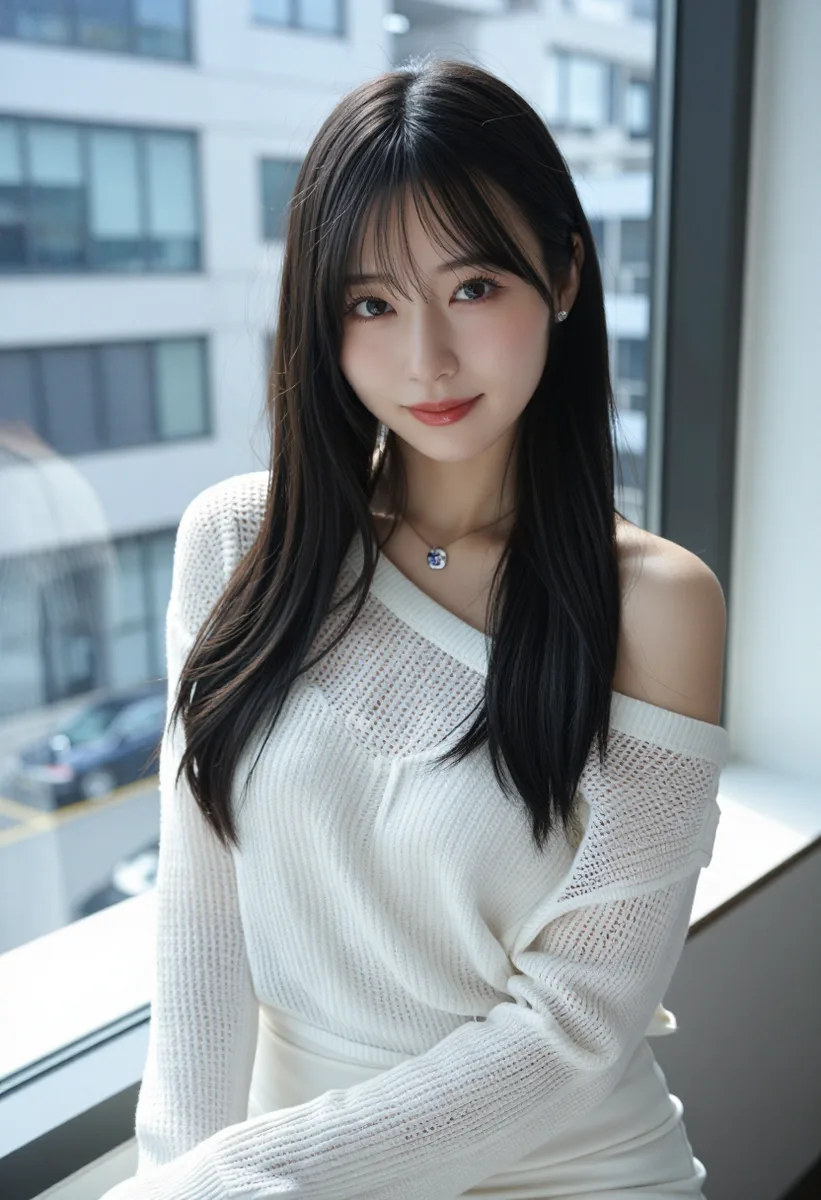 HARUKI_MIX で作った、前髪ありの黒髪で白いニットの女性（4枚目）