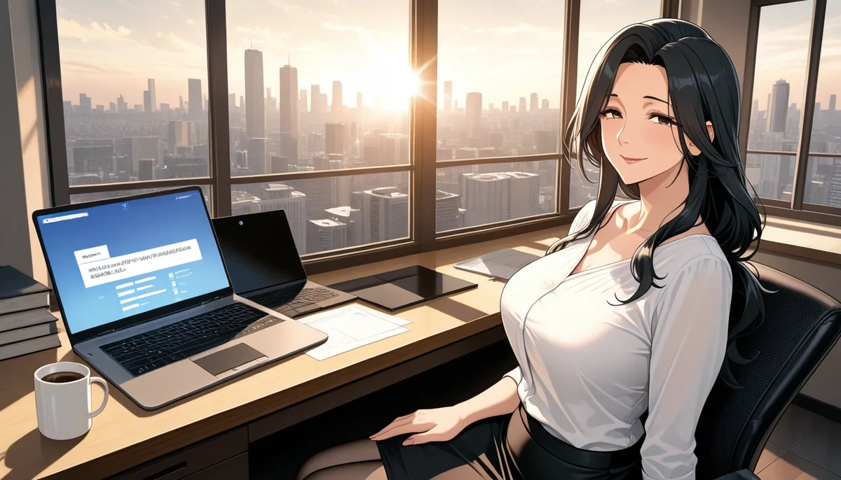 Mac の ComfyUI で最初に作った、オフィスの窓際の机に座る黒髪の女性のアニメ絵