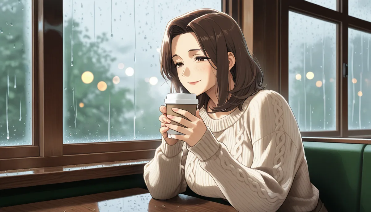Mac の ComfyUI で作った、雨のカフェでコーヒーを持つ女性のアニメ絵（約2分20秒）