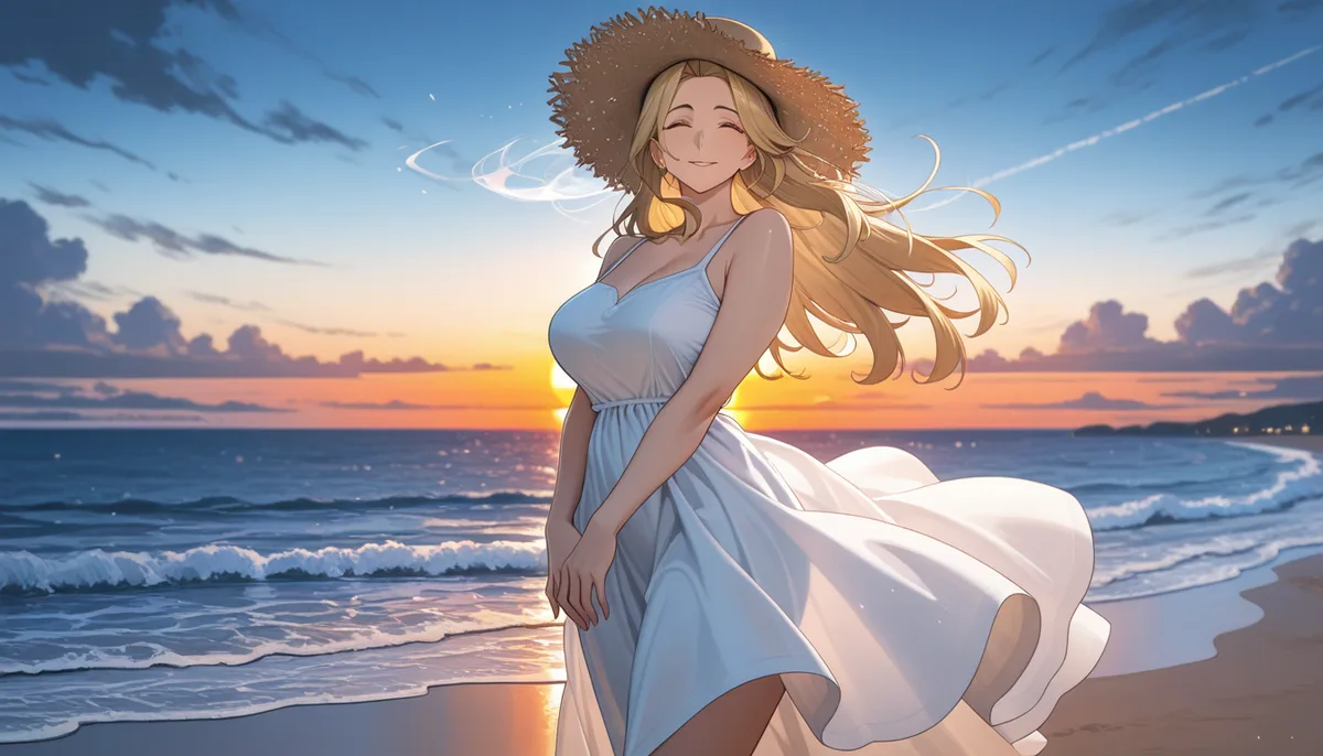 Mac の ComfyUI で作った、夕日の海辺に麦わら帽子で立つ女性のアニメ絵（約2分20秒）