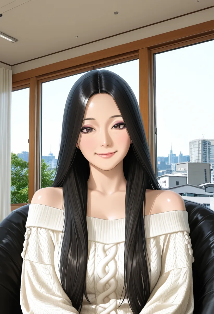 WAI-Illustrious で作った、長い黒髪で白いケーブルニットの女性の絵（1枚目）