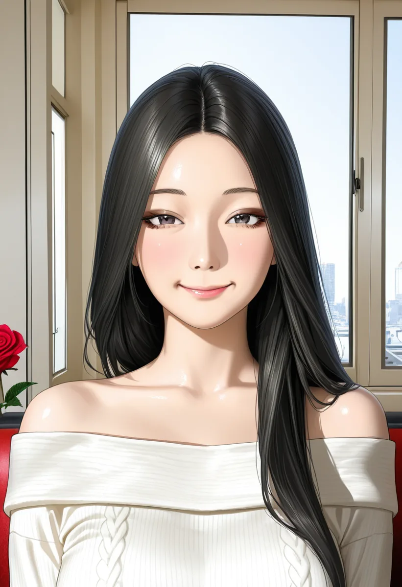 WAI-Illustrious で作った、長い黒髪で白いニットの女性の絵。横に赤いバラ（2枚目）