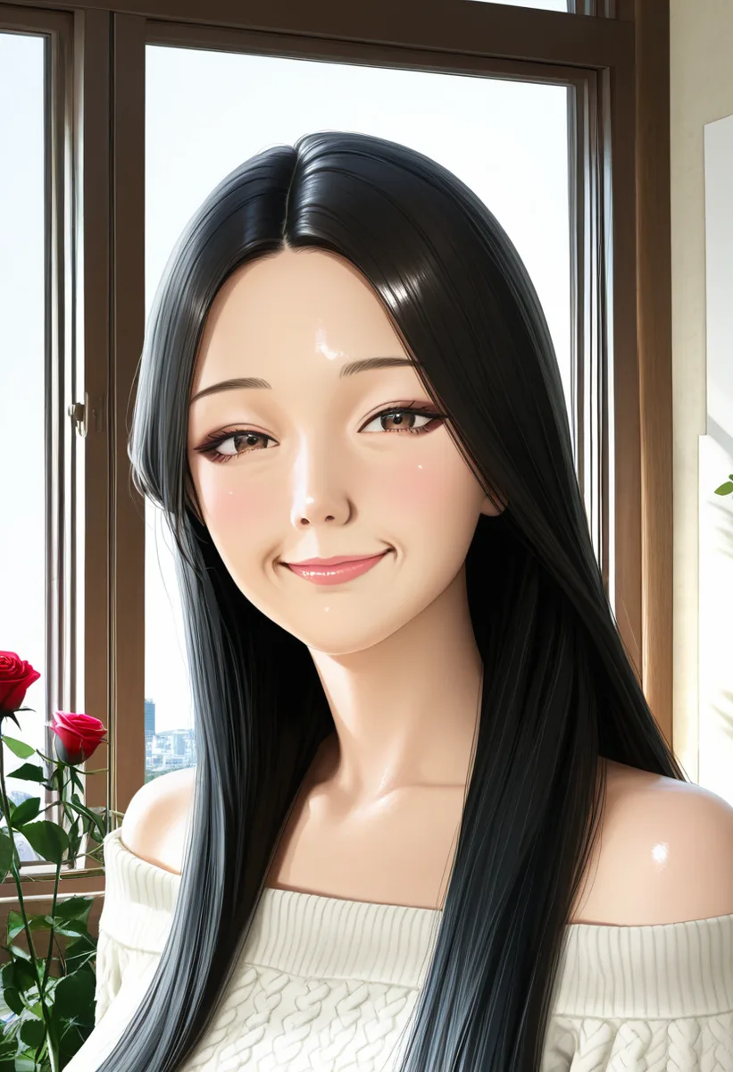 WAI-Illustrious で作った、長い黒髪で白いニットの女性の絵。横に赤いバラ（3枚目）