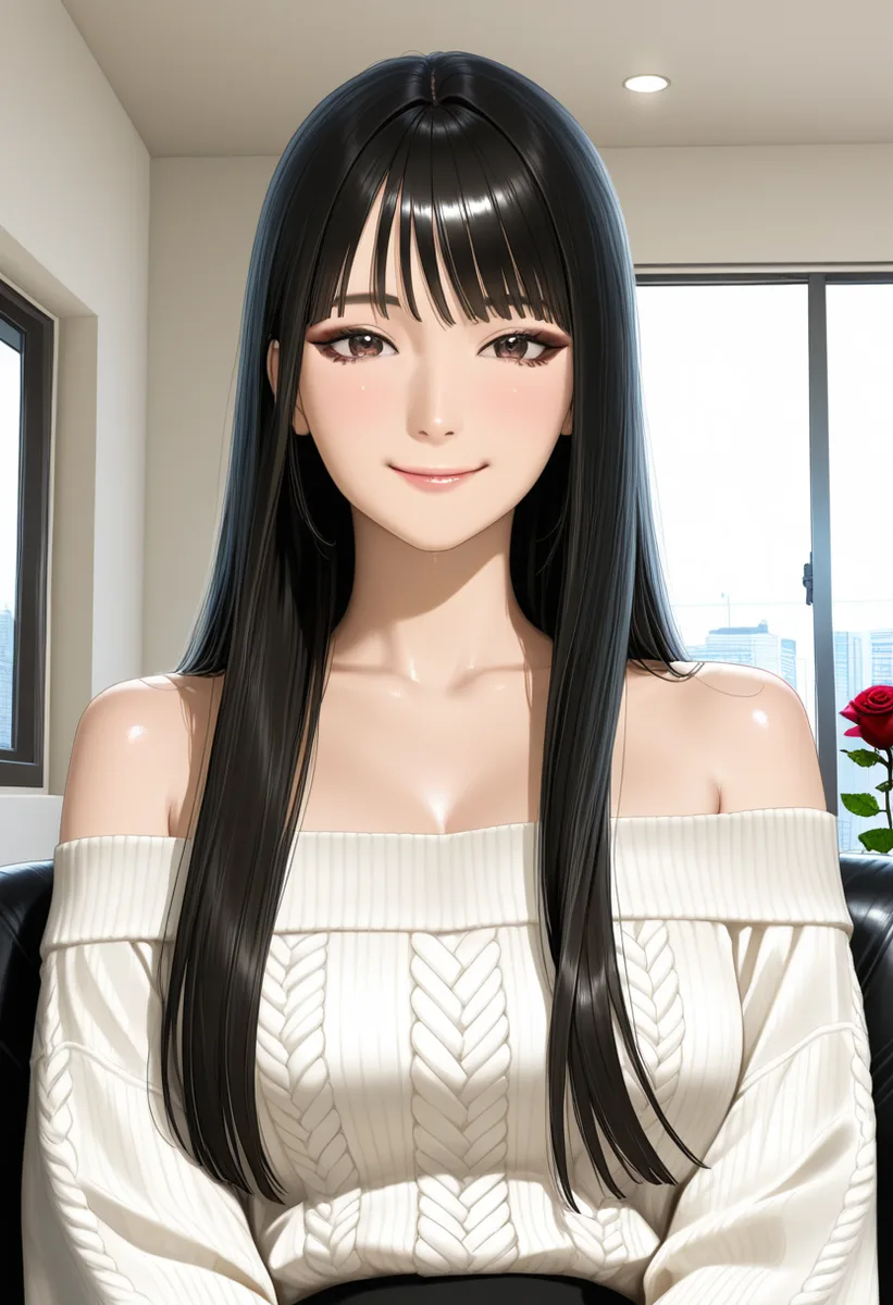 WAI-Illustrious で作った、前髪ありの長い黒髪で白いニットの女性の絵。横に赤いバラ（4枚目）