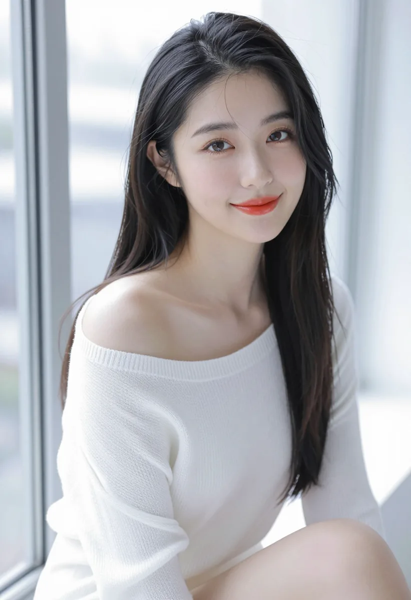Z-Image Turbo で作った、白いオフショルダーのニットで窓辺に座る黒髪の女性（1枚目）