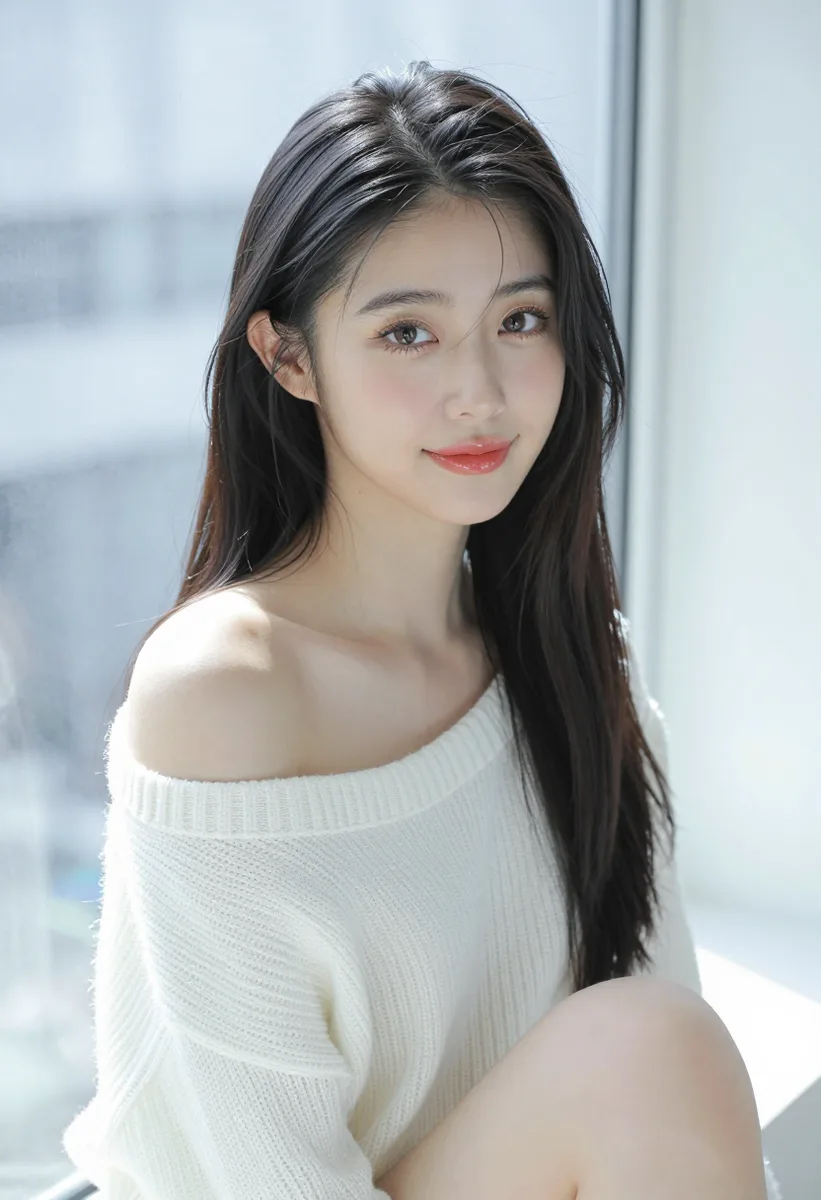 Z-Image Turbo で作った、白いオフショルダーのニットで窓辺に座る黒髪の女性（2枚目）