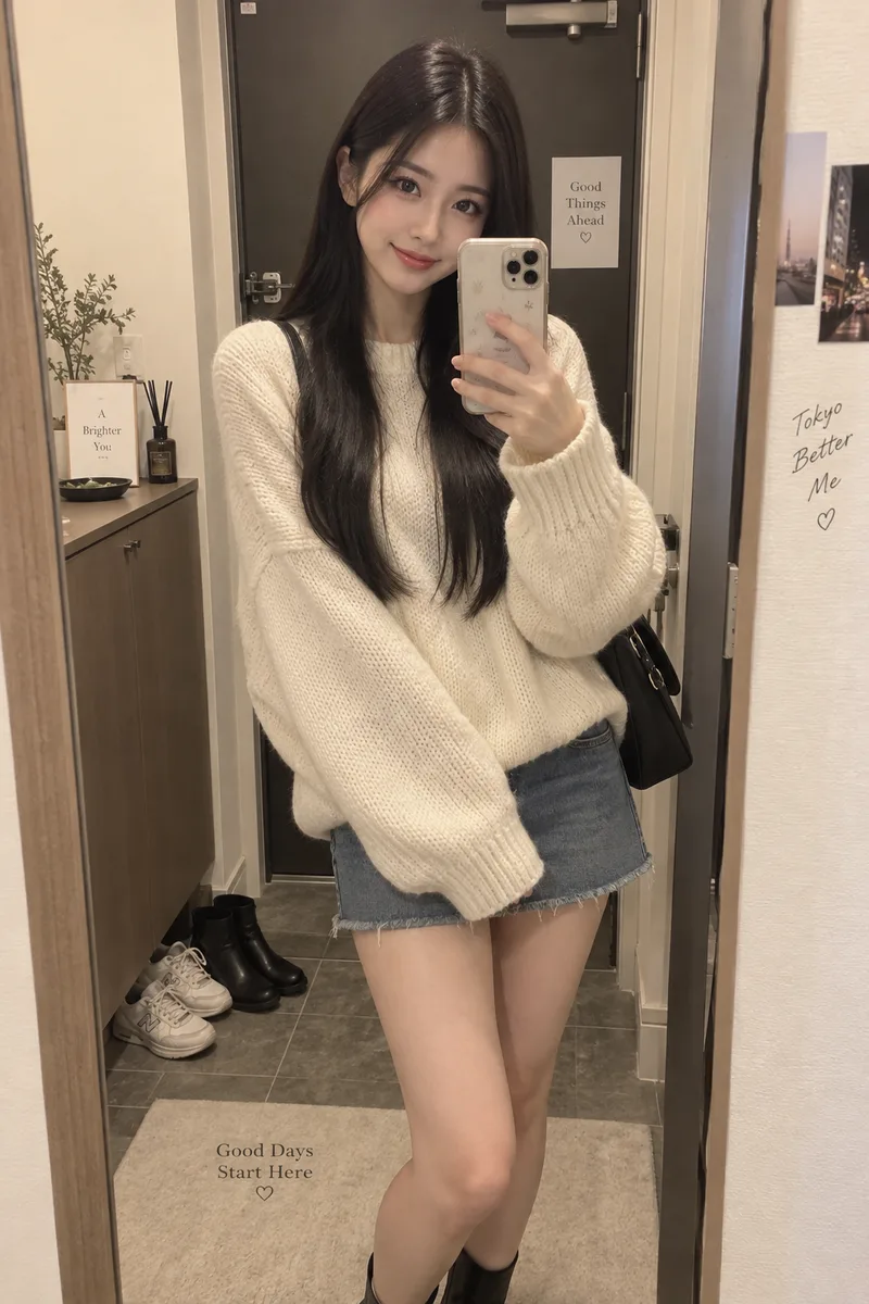 玄関の姿見で撮った鏡越しの自撮りの例（2回目）（1枚目）