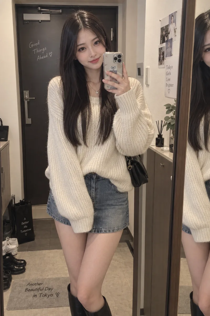 玄関の姿見で撮った鏡越しの自撮りの例（2回目）（2枚目）