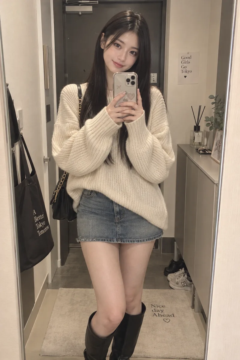 玄関の姿見で撮った鏡越しの自撮りの例（2回目）（3枚目）