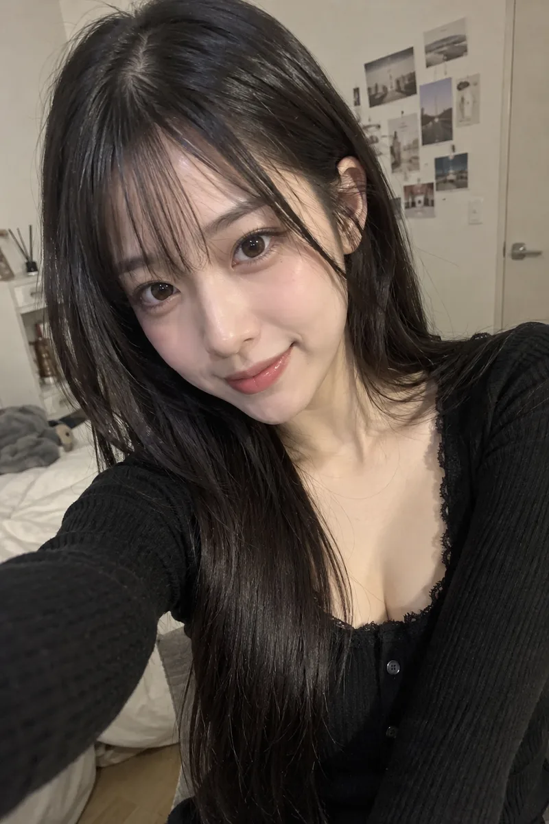 美女、黒髪、スマホで撮影で生成した例（1枚目）