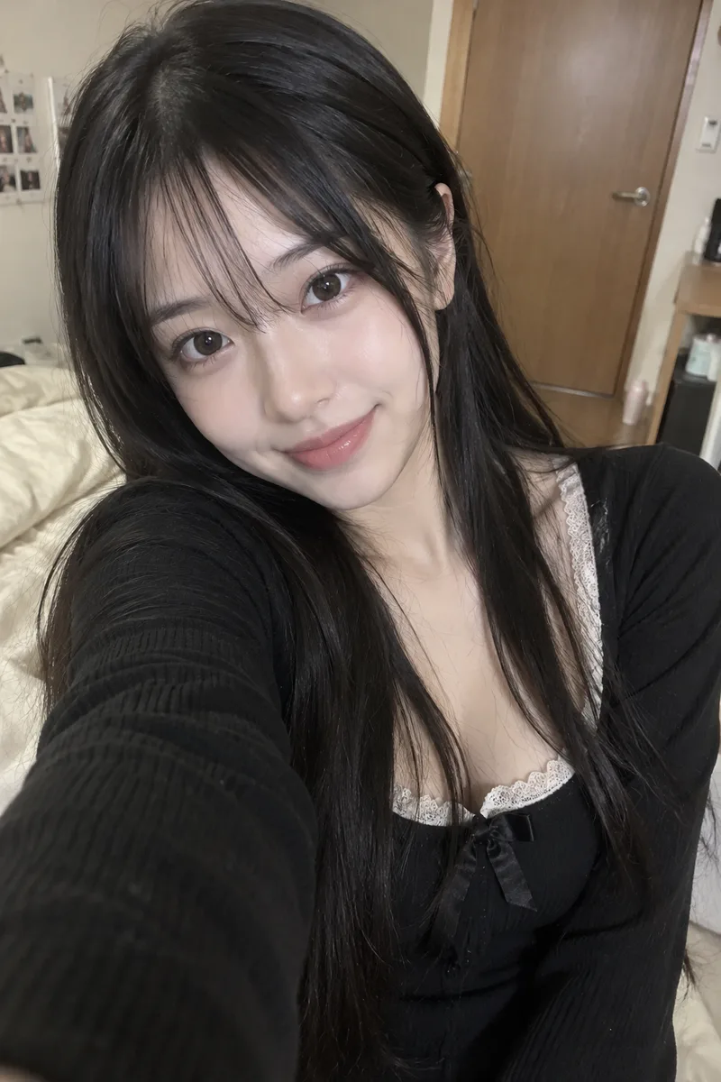 美女、黒髪、スマホで撮影で生成した例（3枚目）