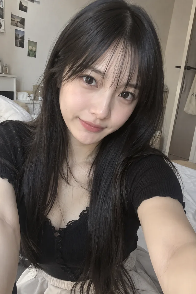 美女、黒髪、スマホで撮影で生成した例（4枚目）