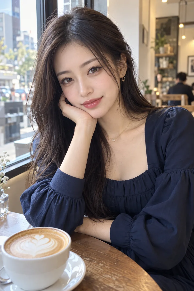 直す前の元の画像(紺のワンピースでカフェの窓際に座る女性)