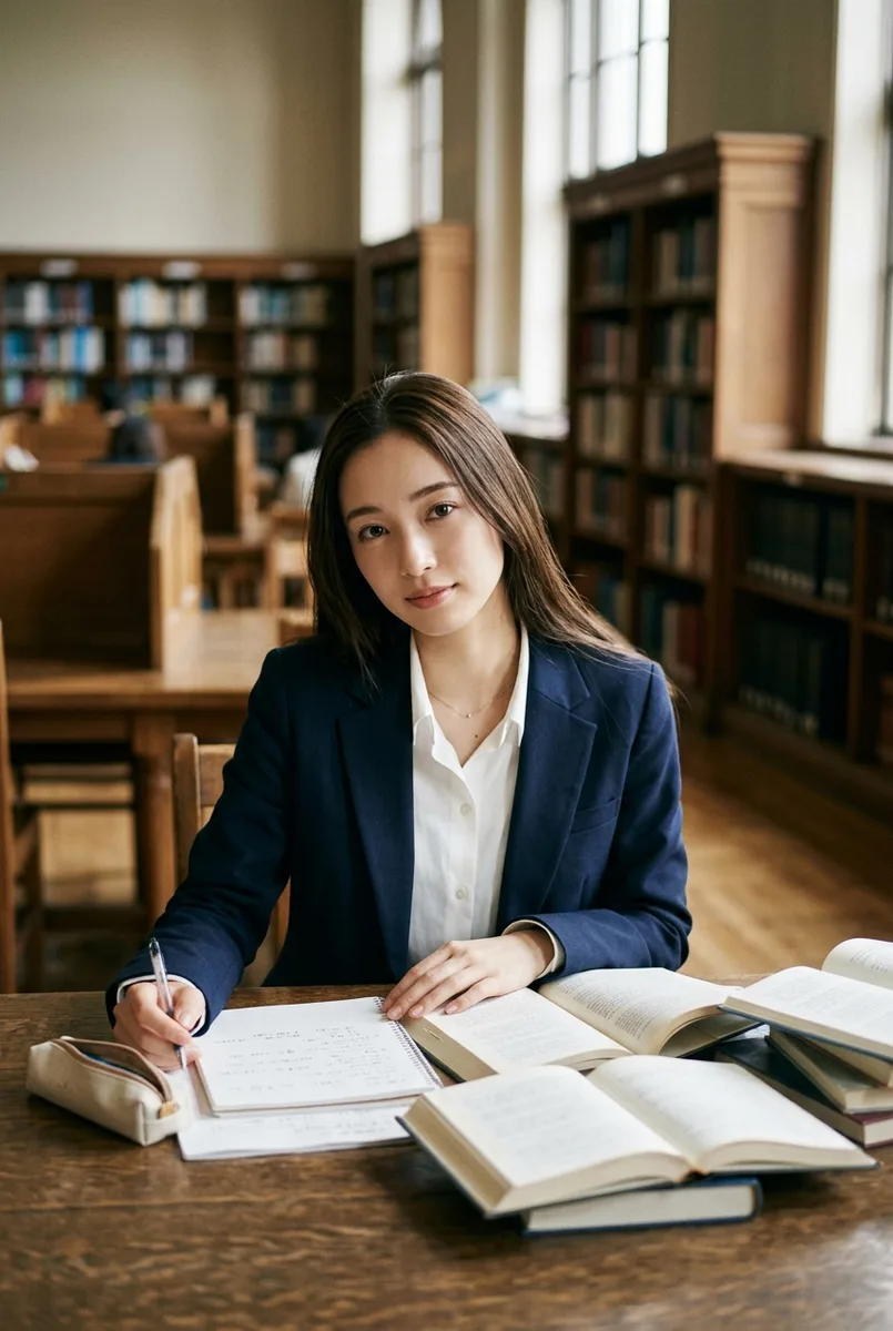 Geminiでベース:smart intellectual look の図書館の例(1枚目)