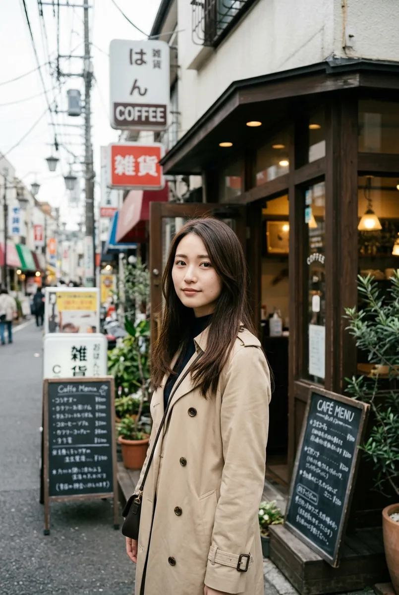 Geminiでベース:看板が並ぶ商店街のカフェの前の例(4枚目)