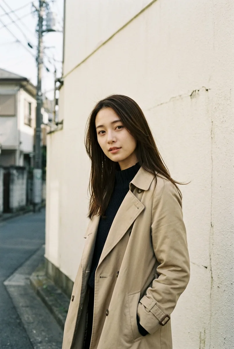 Geminiで場所を書き換えた:standing in front of a plain cream-colored wall on a quiet Tokyo streetの例(1枚目)