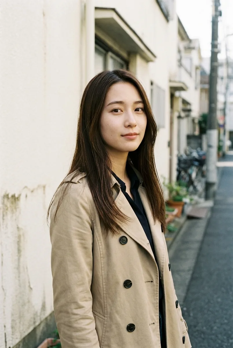 Geminiで場所を書き換えた:standing in front of a plain cream-colored wall on a quiet Tokyo streetの例(2枚目)