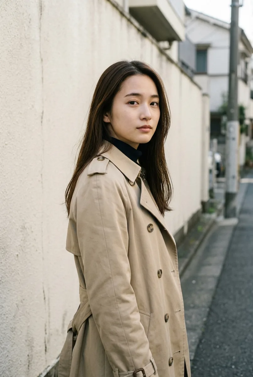 Geminiで場所を書き換えた:standing in front of a plain cream-colored wall on a quiet Tokyo streetの例(3枚目)