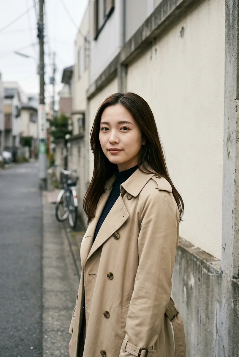 Geminiで場所を書き換えた:standing in front of a plain cream-colored wall on a quiet Tokyo streetの例(4枚目)