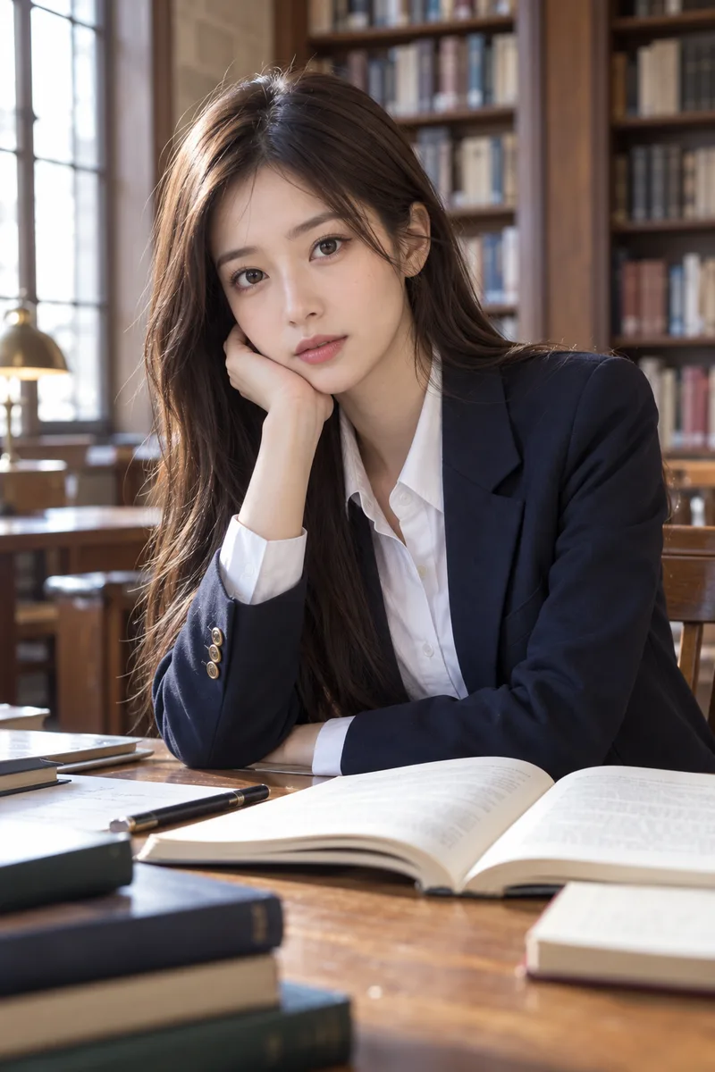 ChatGPTでベース:smart intellectual look の図書館の例(1枚目)