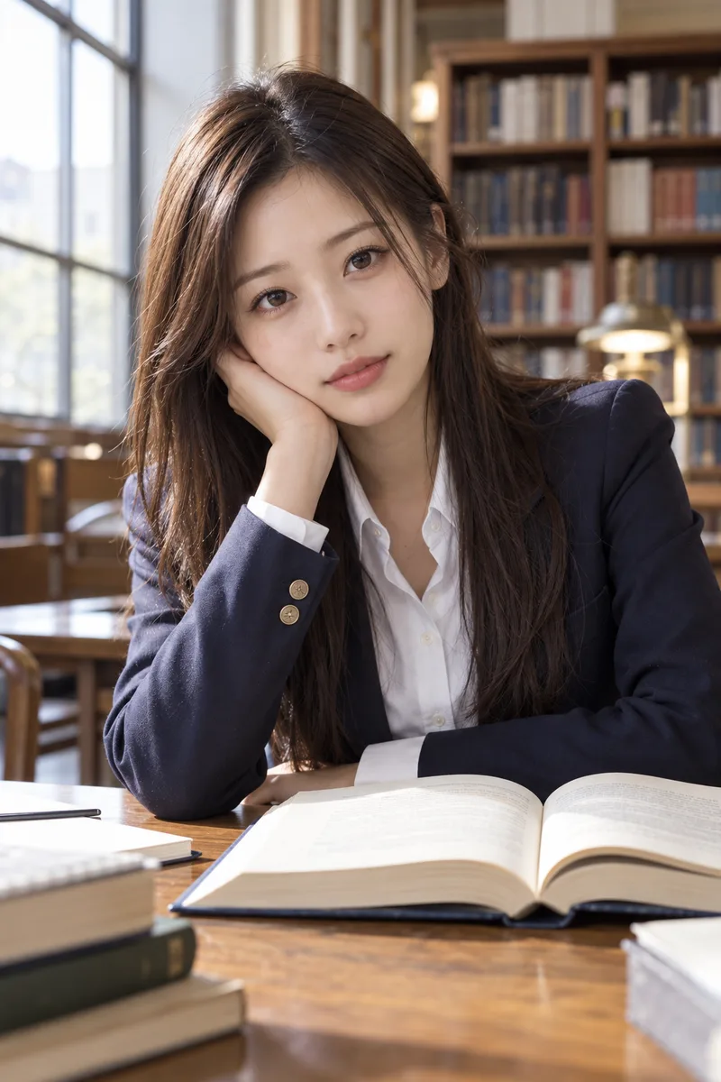 ChatGPTでベース:smart intellectual look の図書館の例(2枚目)