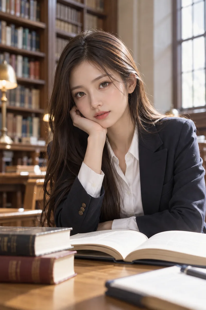 ChatGPTでベース:smart intellectual look の図書館の例(3枚目)