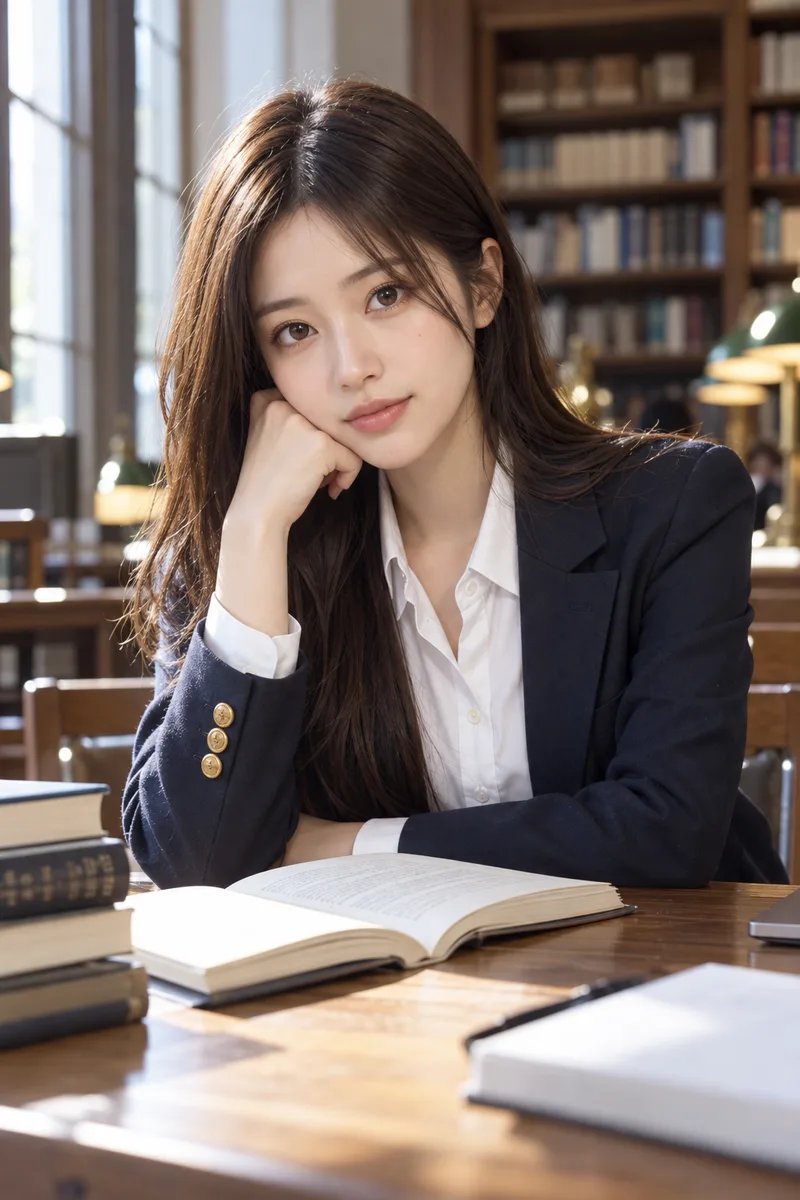 ChatGPTでベース:smart intellectual look の図書館の例(4枚目)