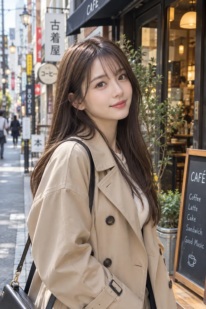 ChatGPTでベース:看板が並ぶ商店街のカフェの前の例(1枚目)