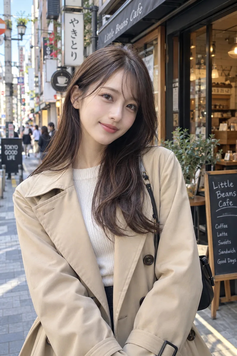 ChatGPTでベース:看板が並ぶ商店街のカフェの前の例(2枚目)