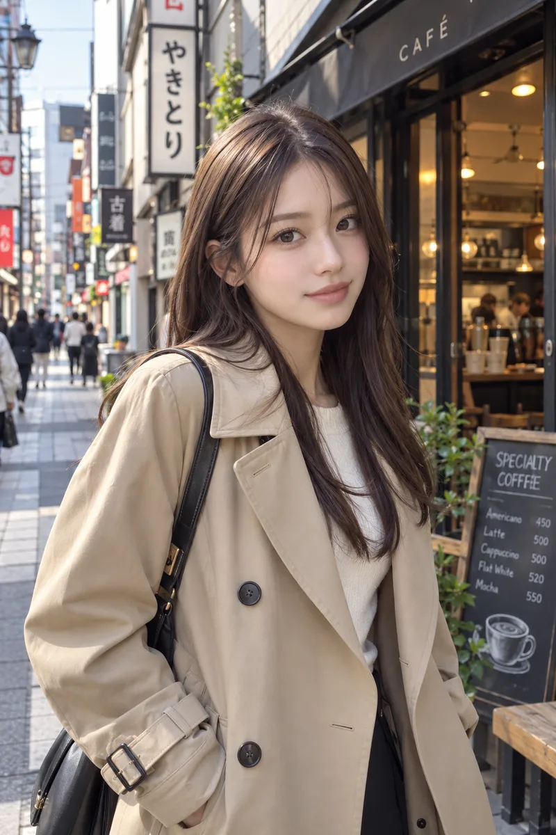 ChatGPTでベース:看板が並ぶ商店街のカフェの前の例(4枚目)