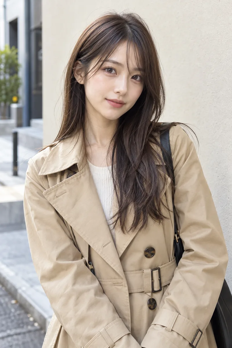 ChatGPTで場所を書き換えた:standing in front of a plain cream-colored wall on a quiet Tokyo streetの例(1枚目)