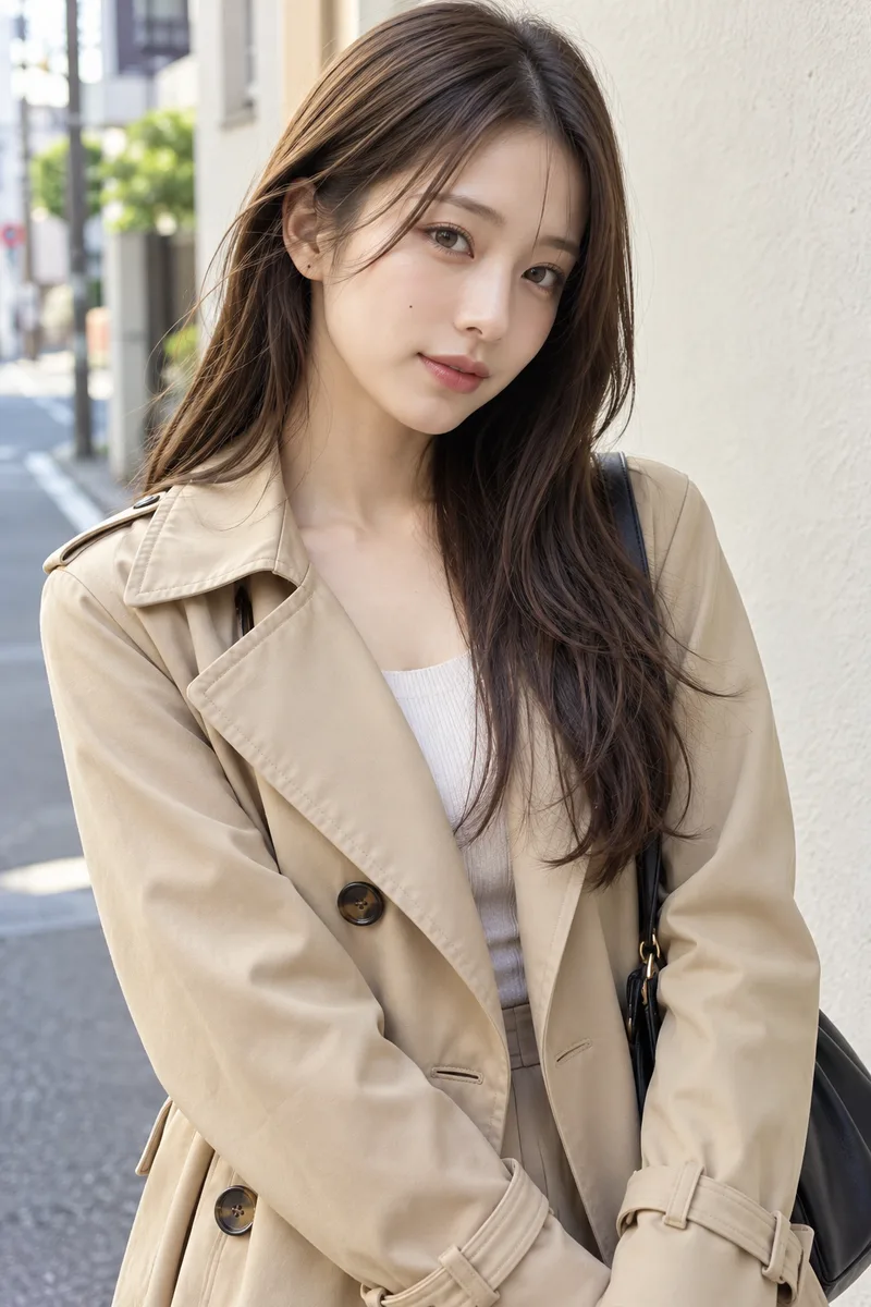 ChatGPTで場所を書き換えた:standing in front of a plain cream-colored wall on a quiet Tokyo streetの例(2枚目)