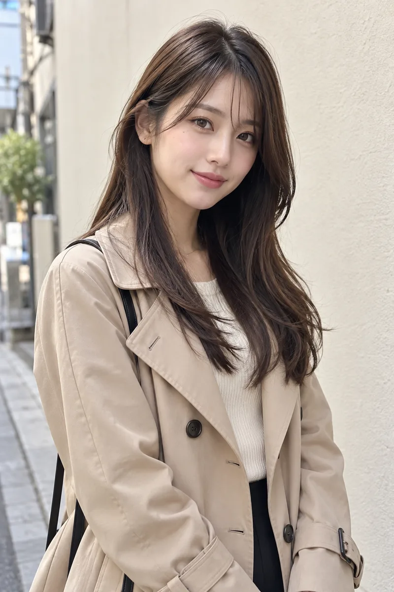 ChatGPTで場所を書き換えた:standing in front of a plain cream-colored wall on a quiet Tokyo streetの例(3枚目)