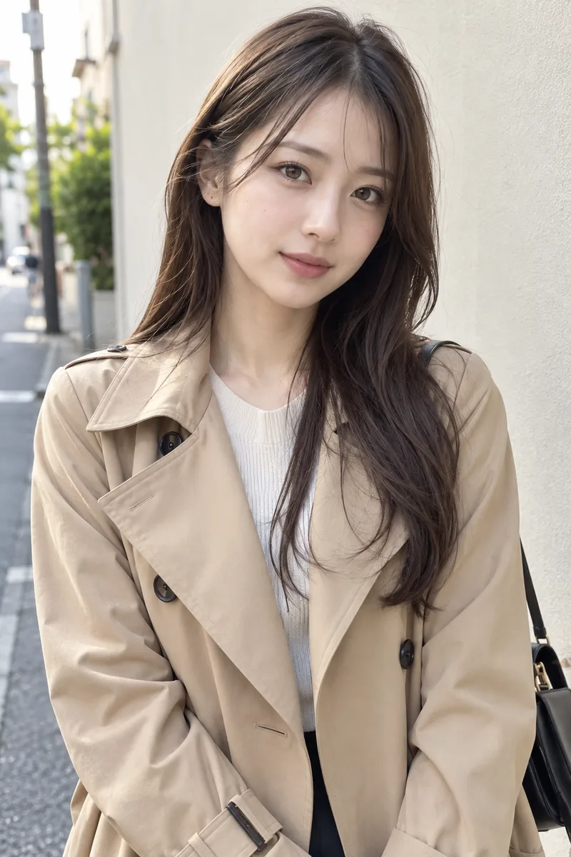 ChatGPTで場所を書き換えた:standing in front of a plain cream-colored wall on a quiet Tokyo streetの例(4枚目)