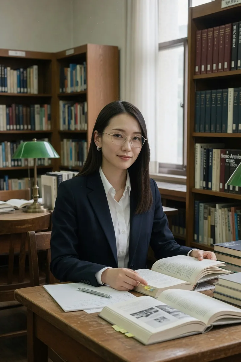 Grokでベース:smart intellectual look の図書館の例(2枚目)