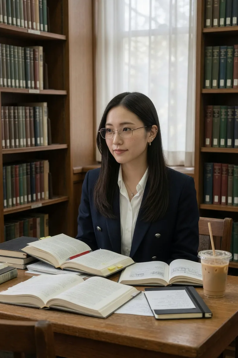Grokでベース:smart intellectual look の図書館の例(3枚目)