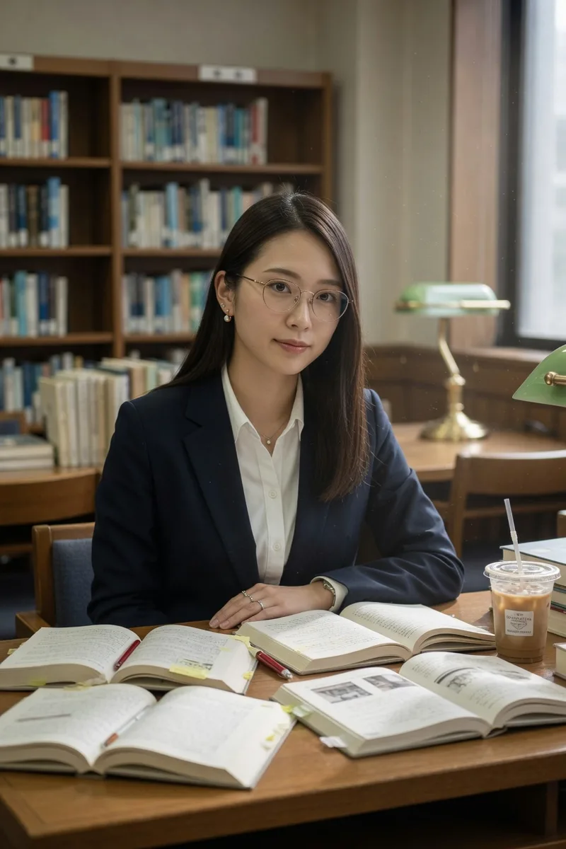 Grokでベース:smart intellectual look の図書館の例(4枚目)