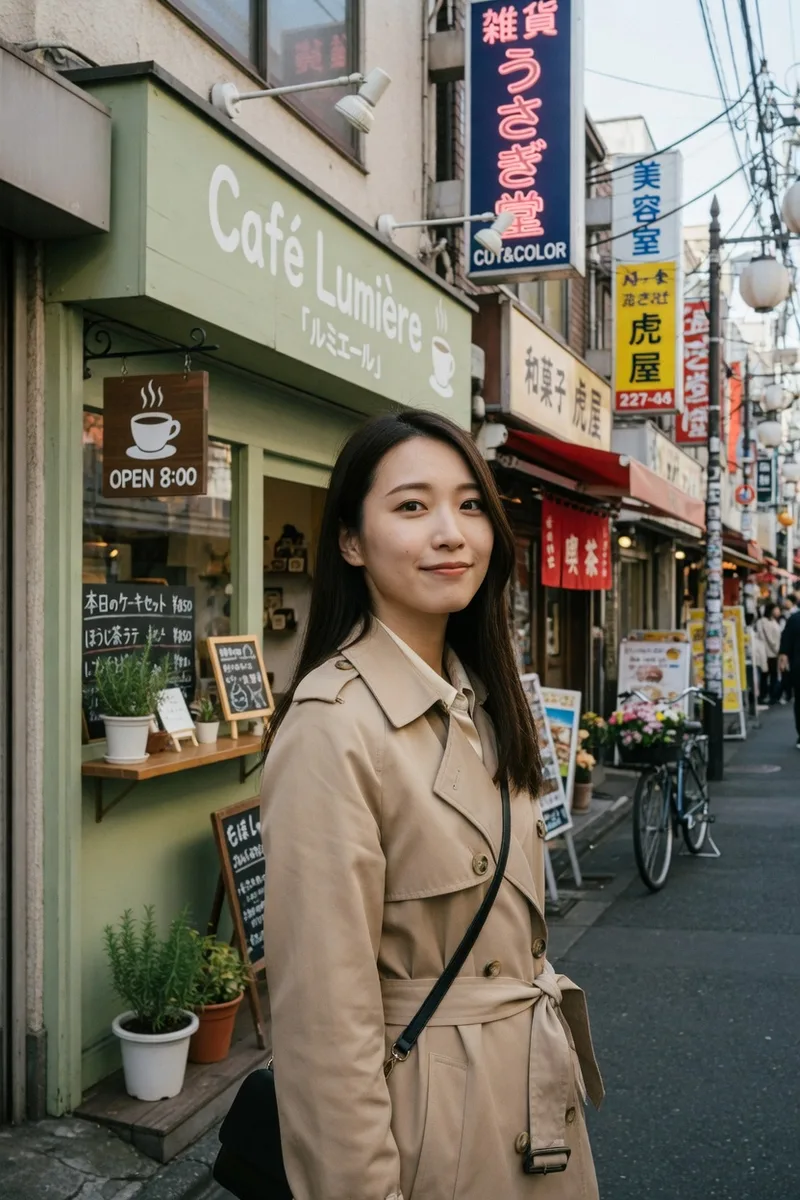 Grokでベース:看板が並ぶ商店街のカフェの前の例(1枚目)